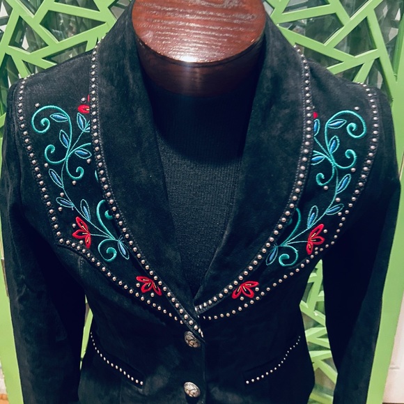 Ripple Creek Vintage Black Suede Leather Embroidered Studded Southwestern Jacket